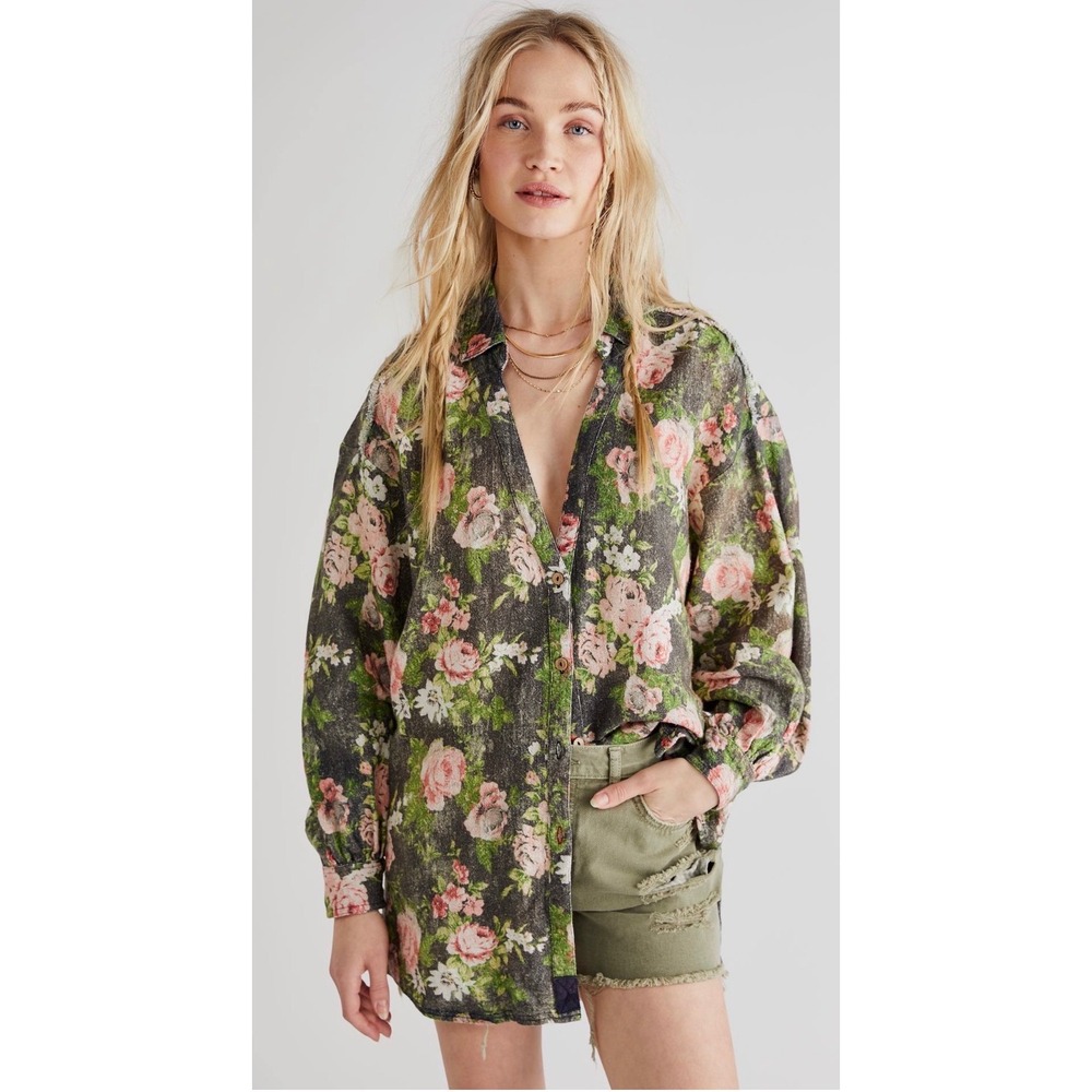 Free People We The Free Sunny Days Ahead Shirt Floral Raw Seam XL Green Pink
